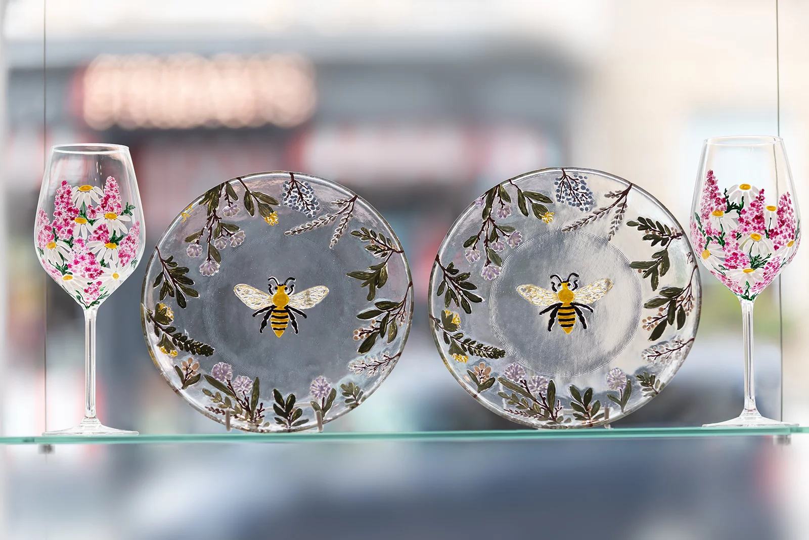 hand painted glass plates bees flowers