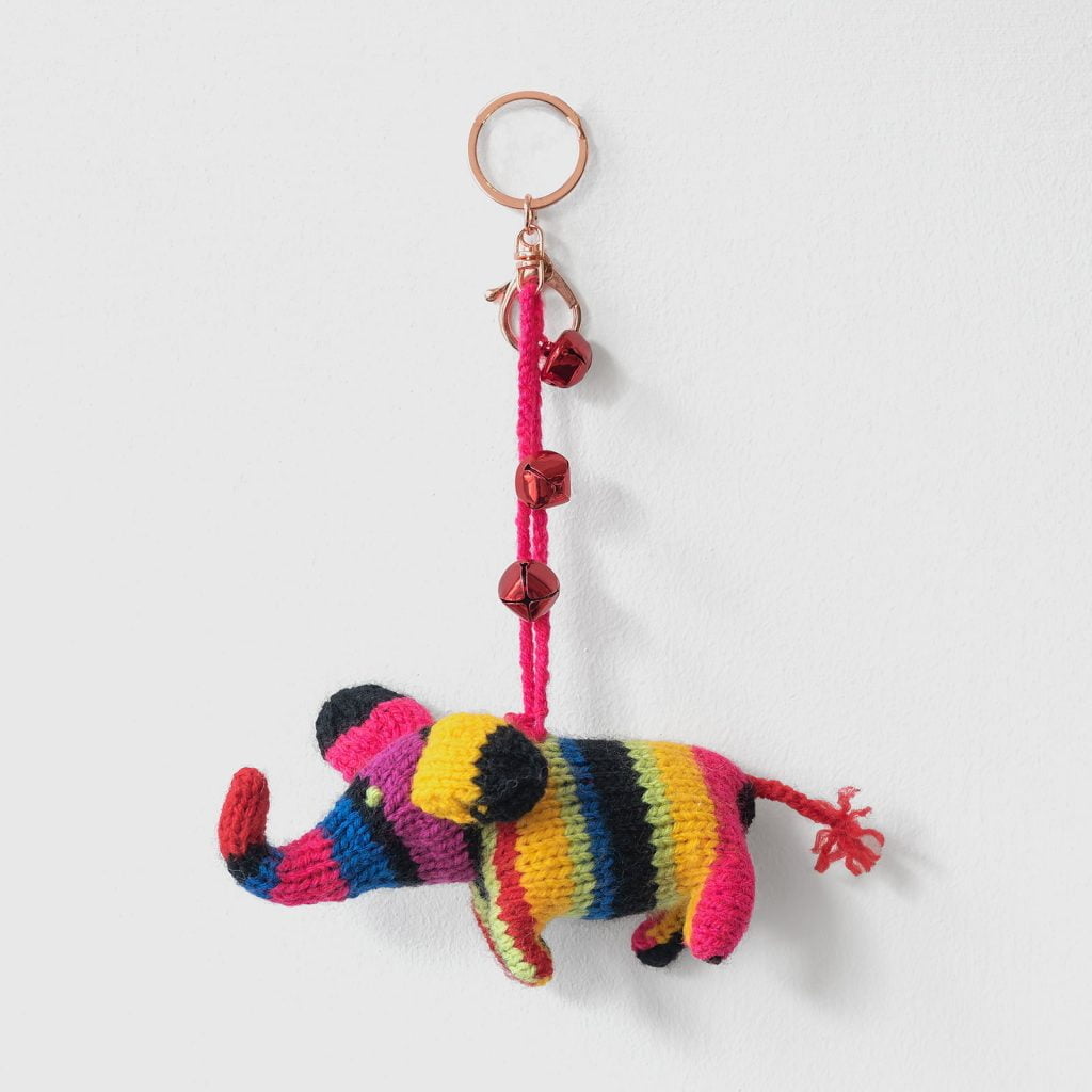 Schiaparelli style striped knitted elephant key ring