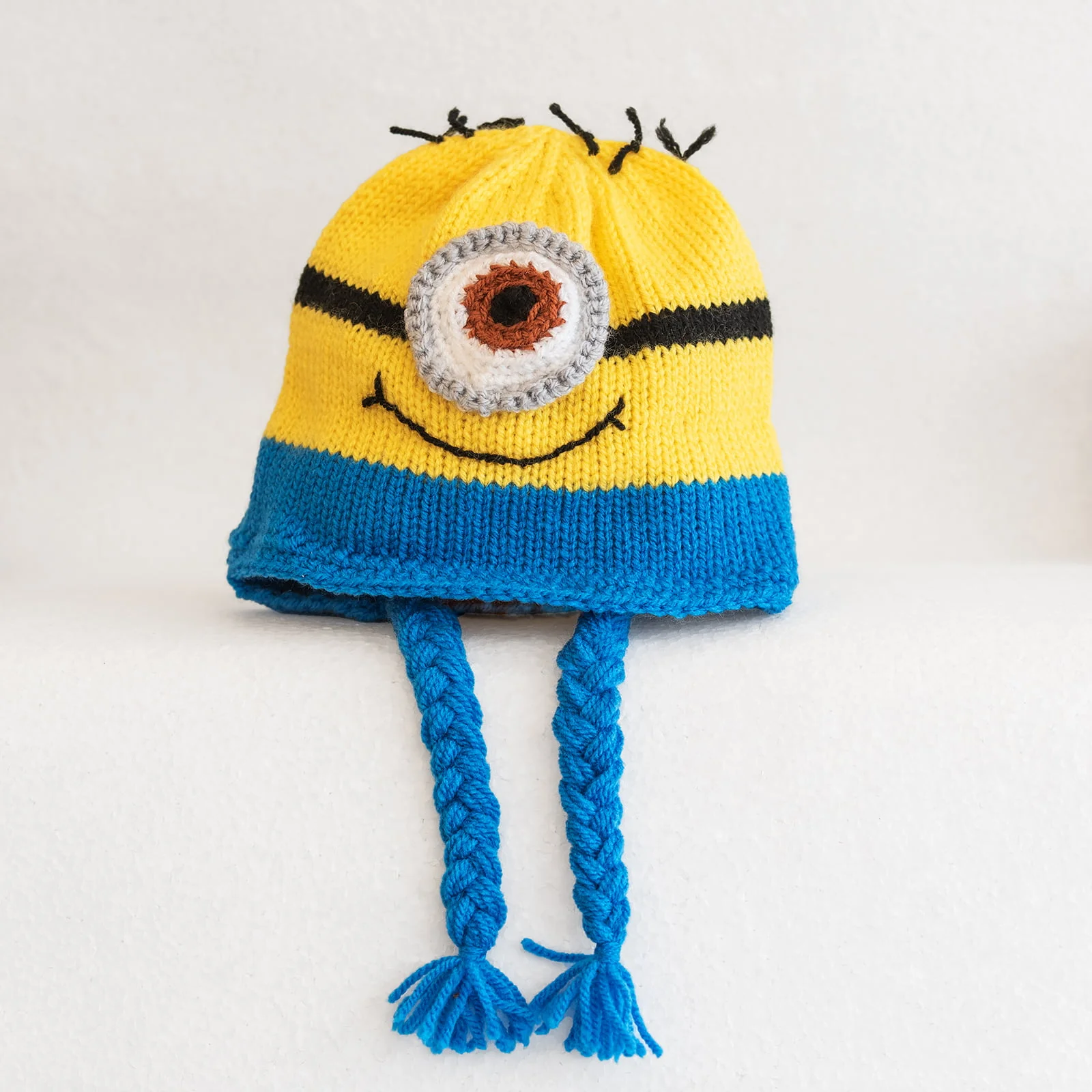 hand knitted minion hat yellow blue