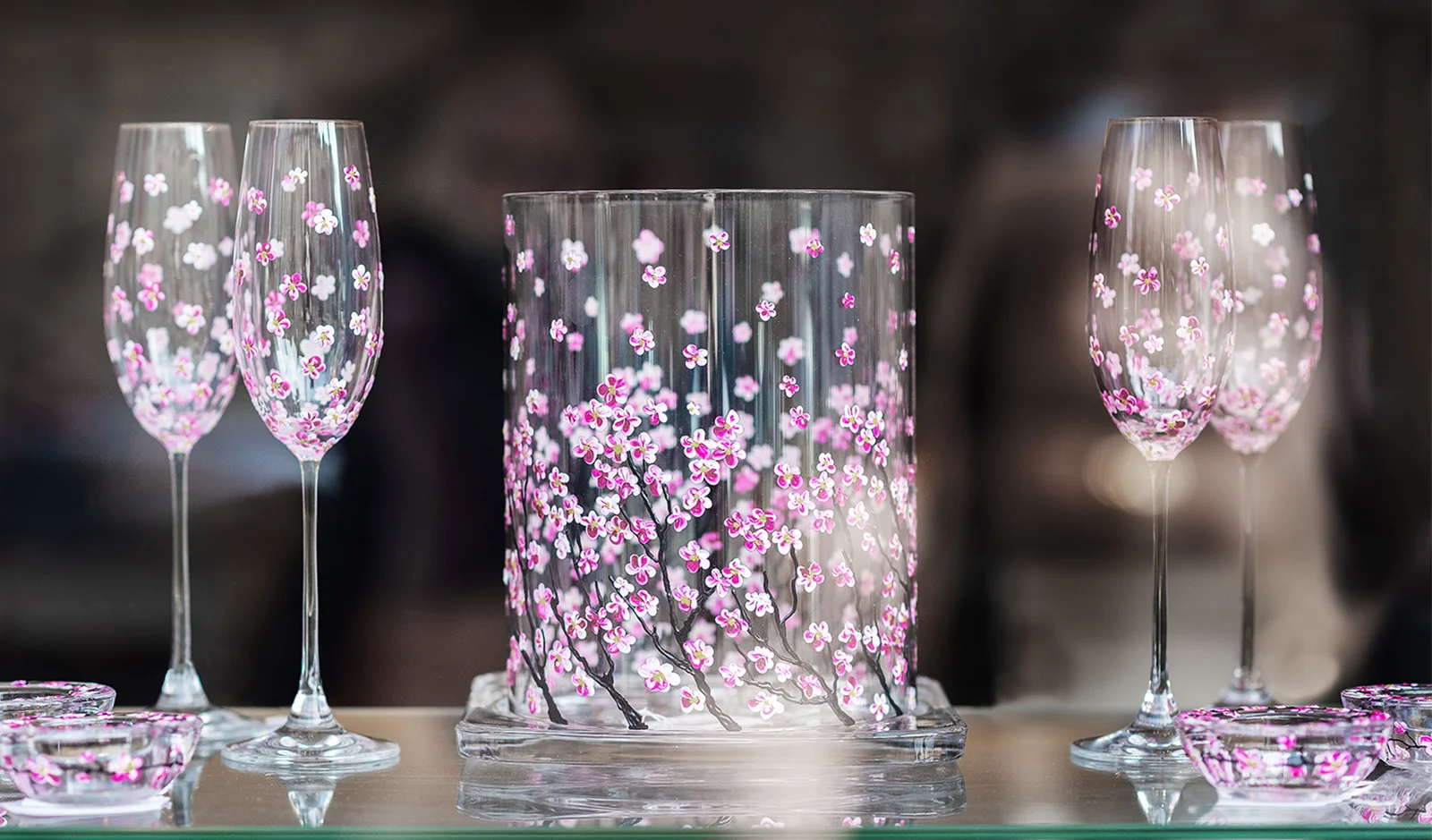 hand painted glass pink flowers