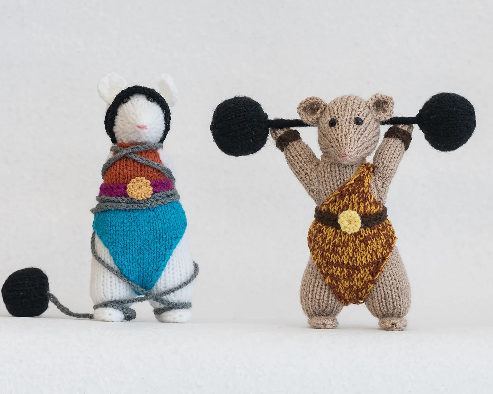 hand knitted character mice escapee weight lifter