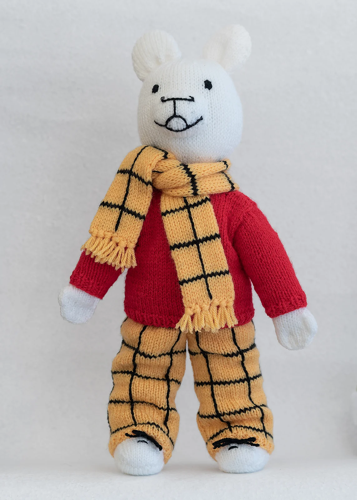 hand knitted Rupert bear