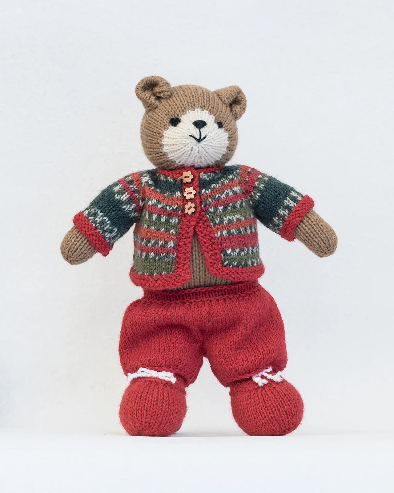 hand knit teddy red trousers and jacket