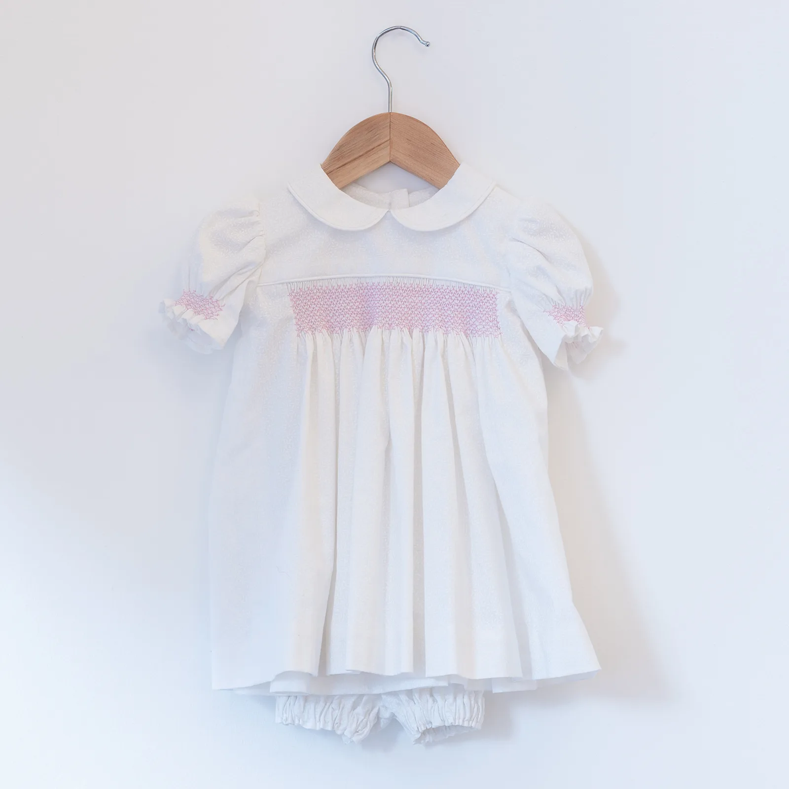 hand smocked baby dress white pink